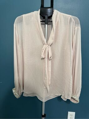 Jennifer Lopez Cream Tie-Neck Sheer Blouse with Beaded Cuffs